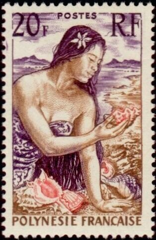 Francobollo - Polinesia Francese - Clam digger - 20 F - 1958 - Usato