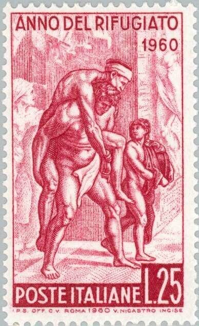 Francobollo - Usato - Italia - 1960 - The flight of Aeneas - Anno mondiale del rifugiato - ₤ - Italia - lira 25
