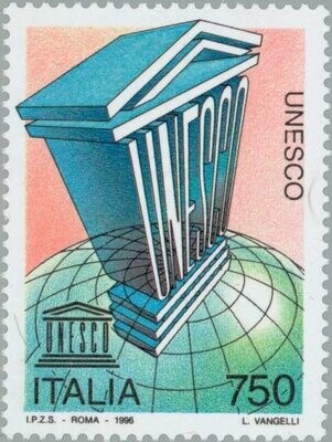 Francobollo - Usato su Frammento - Italia - 1996 - UNESCO - UNESCO and 50th anniversary of UNICEF - lira 750