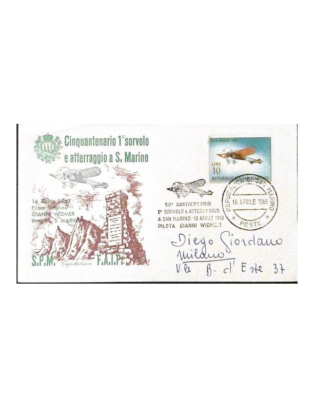 FDC Rep. San Marino - 50° sorvolo S.Marino FDC Capitolium - 10 L - 1963
