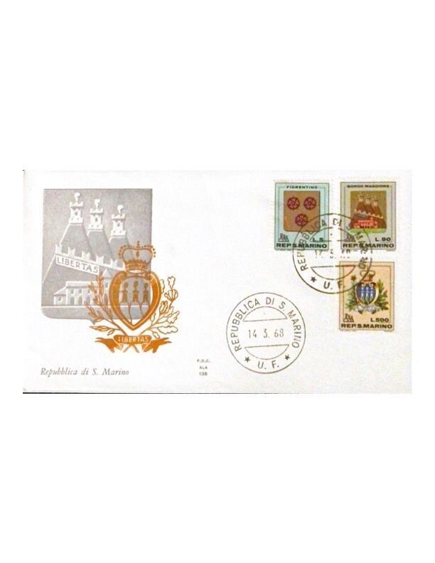 FDC Rep. San Marino - Stemmi San Marino FDC ALA 135 - 5+90+500 L - 1968