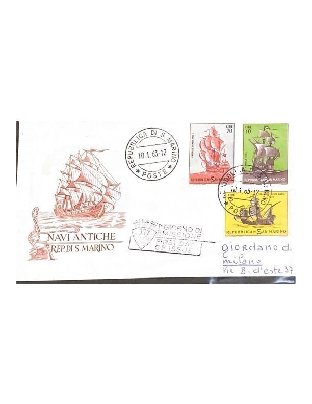 FDC Rep. San Marino - Navi Antiche - 70+10+5 L - 1963
