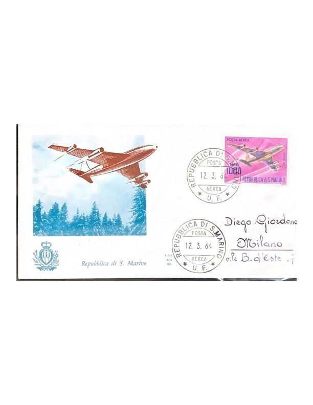 FDC Rep. San Marino - Posta Aerea Boeing 707 jetliner FDC ALA 80 - 1000 L - 1964