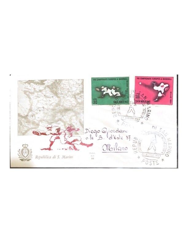 FDC Rep. San Marino - Campionato europeo di Baseball FDC ALA 98 - 30+70 L - 1964