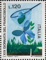 Francobollo Usato Rep. Italiana 1977 19^ GIORNATA DEL FRANCOBOLLO 120 Lire Cattura delle farfalle