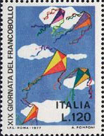 Francobollo Usato Rep. Italiana 1977 19^ GIORNATA DEL FRANCOBOLLO 120 Lire Volo di aquiloni