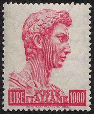 Francobollo Usato Rep. Italiana 1957 SAN GIORGIO DI DONATELLO STELLE I 1000 Lire