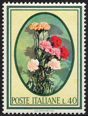 Francobollo Usato Rep. Italiana 1966 FLORA: 1^ EMISSIONE 40 Lire Garofani