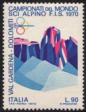Francobollo Usato Rep. Italiana 1970 CAMPIONATI MONDIALI DI SCI ALPINO 90 Lire