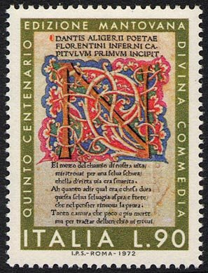 Francobollo Usato Rep. Italiana 1972 5^ CENTENARIO DELLE PRIME TRE EDIZIONI DELLA DIVINA COMMEDIA 90 Lire