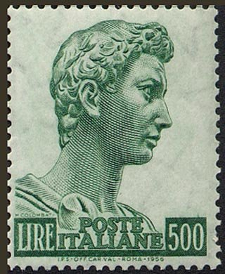 Francobollo Usato Rep. Italiana 1957 SAN GIORGIO DI DONATELLO STELLE I 500 Lire