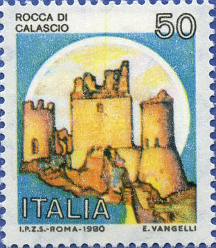 Francobollo Usato Rep. Italiana 1990 50 Lire Rocca di Calascio - Scritta I.P.Z.S. 1980 in basso