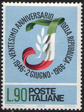 Francobollo Usato Rep. Italiana 1966 VENTENNALE DELLA REPUBBLICA 90 Lire