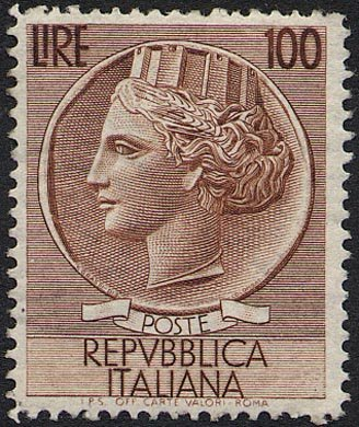 Francobollo Usato Rep. Italiana 1954 SIRACUSANA LIRE 100