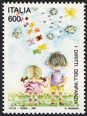 Francobollo Usato Rep. Italiana 1991 CONVENZIONE SUI DIRITTI DELL'INFANZIA 600 Lire