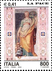 Francobollo Usato Rep. Italiana 2000 AVVENTO DELL'ANNO 2000: 6^ EMISSIONE. LA GUERRA E LA PACE 800 Lire 0,41 €