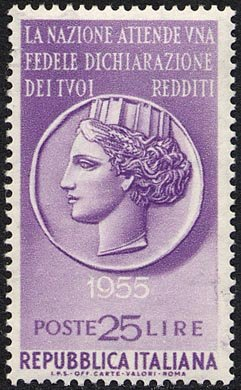 Francobollo Usato Rep. Italiana 1955 PROPAGANDA PER LA DENUNCIA DEI REDDITI 25 Lire