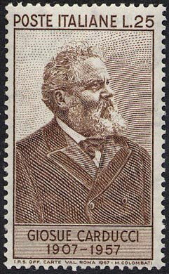 Francobollo Usato Rep. Italiana 1957 50^ ANNIVERSARIO DELLA MORTE DI GIOSUE CARDUCCI 25 Lire