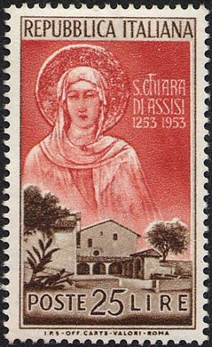 Francobollo Usato Rep. Italiana 1953 7^ CENTENARIO DELLA MORTE DI SANTA CHIARA D'ASSISI 25 Lire