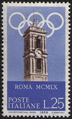 Francobollo Usato Rep. Italiana 1959 PROPAGANDA PER LE OLIMPIADI DEL 1960 A ROMA 25 Lire