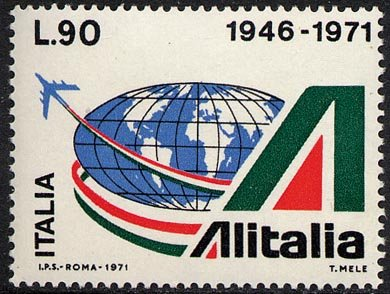 Francobollo Usato Rep. Italiana 1971 25^ ANNIVERSARIO DELL'ALITALIA 90 Lire