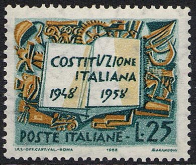 Francobollo Usato Rep. Italiana 1958 DECENNALE DELLA COSTITUZIONE ITALIANA 25 L.