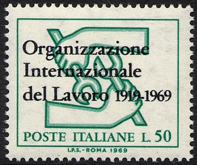 Francobollo Usato Rep. Italiana 1969 50^ ANN. ORGANIZZAZIONE INT.  LAVORO 50 L.