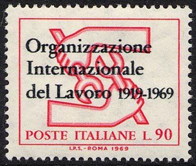 Francobollo Usato Rep. Italiana 1969 50^ ANN. ORGANIZZAZIONE INT.  LAVORO 90 L.