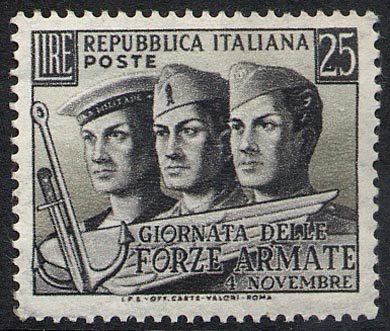 Francobollo Usato Rep. Italiana 1952 GIORNATA DELLE FORZE ARMATE 25 Lire