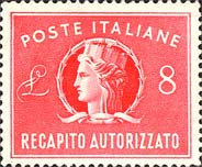 Francobollo Usato Rep. Italiana 1947 RECAPITO AUTORIZZATO: ITALIA TURRITA 8 Lire