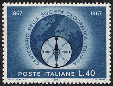 Francobollo Usato Rep. Italiana 1967 CENTENARIO SOCIETÀ GEOGRAFICA ITALIANA 40 L