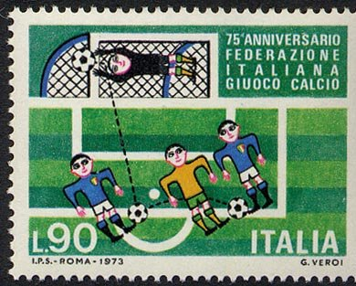 Francobollo Usato Rep. Italiana 1973 75^ ANNIV. FONDAZIONE FIGC 90 Lire
