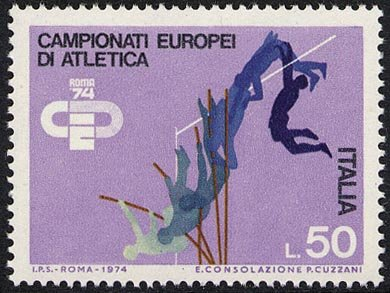 Francobollo Usato Rep. Italiana 1974 CAMPIONATI EUROPEI ATLETICA LEGGERA 50 L.
