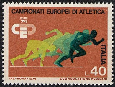 Francobollo Usato Rep. Italiana 1974 CAMPIONATI EUROPEI ATLETICA LEGGERA 40 L.