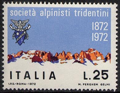 Francobollo Usato Rep. Italiana 1972 CENTENARIO SOCIETÀ ALPINISTI TRIDENTINI 25L