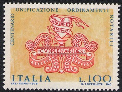 Francobollo Usato Rep. Italiana 1975 CENTENARIO LEGGE ORGANICA NOTARIATO 100 L