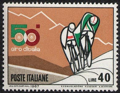 Francobollo Usato Rep. Italiana 1967 50^ GIRO CICLISTICO D'ITALIA 40 Lire