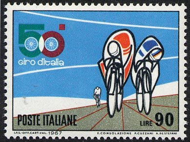 Francobollo Usato Rep. Italiana 1967 50^ GIRO CICLISTICO D'ITALIA 90 Lire