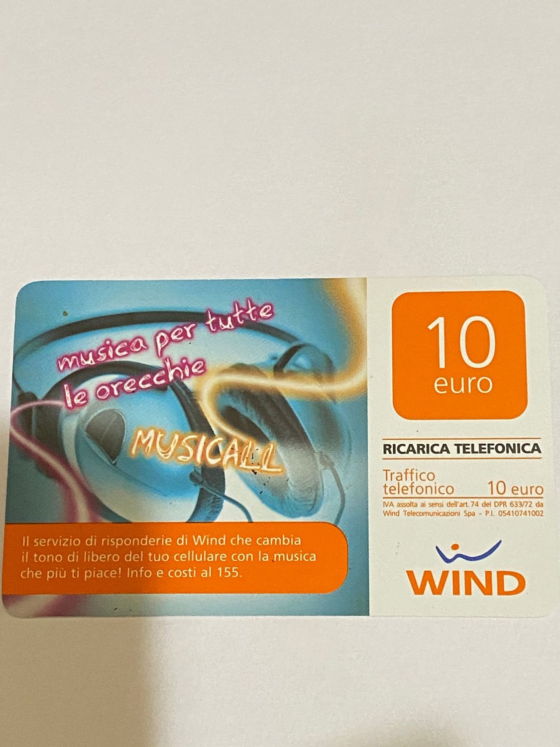 Ricarica Telefonica - Wind - Musicall 10 Euro scadenza 31/12/2012 Usata -