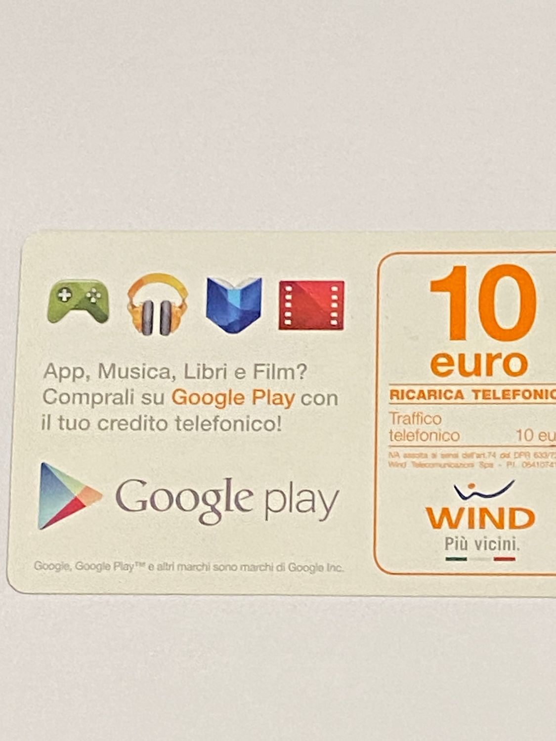 Ricarica Telefonica - Wind - Google Pay 10 Euro Scadenza 31/12/2018 Usata