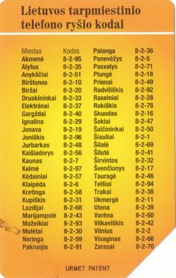 Scheda telefonica - Lituania Prefissi Telefonici Usata da 25 Unità(URMET) Scheda telefonica - Lituania Prefissi Telefonici Usata da 25 Unità(URMET)