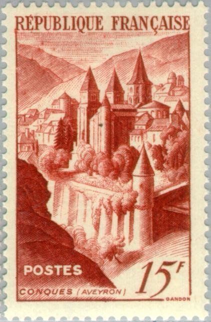 Francobolli-Abbazia di Conques - Aveyron-1947-Francia-15 F Francobolli-Abbazia di Conques - Aveyron-1947-Francia-15 F