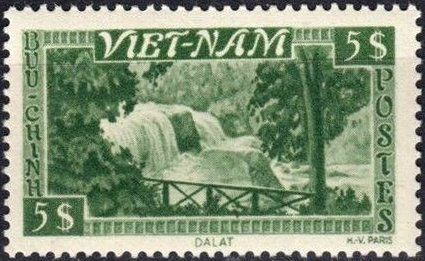 Francobolli-Cascata di Pongour, Đà Lạt-1951-Vietnam del Sud-5 p Francobolli-Cascata di Pongour, Đà Lạt-1951-Vietnam del Sud-5 p