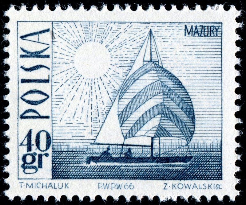 Francobolli-Yacht Amethyst sul lago Masuria - Perf 12¾ x 12½-1966-Polonia-40 gr Francobolli-Yacht Amethyst sul lago Masuria - Perf 12¾ x 12½-1966-Polonia-40 gr