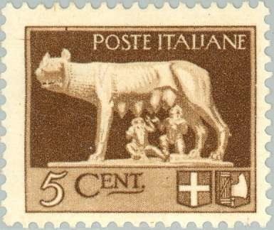 Francobolli-Romolo e Remo con la Lupa-1929-Italia-5 c Francobolli-Romolo e Remo con la Lupa-1929-Italia-5 c