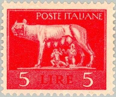 Francobolli-Lupa di Roma - Senza fasci-1945-Italia-5 ₤ Francobolli-Lupa di Roma - Senza fasci-1945-Italia-5 ₤