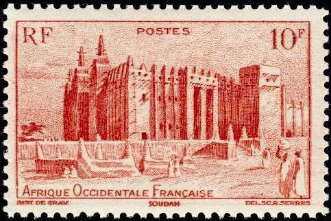 Francobolli-Moschea di Djenné, Sudan francese-1947-Africa Occidentale Francese-10 Fr. Francobolli-Moschea di Djenné, Sudan francese-1947-Africa Occidentale Francese-10 Fr.