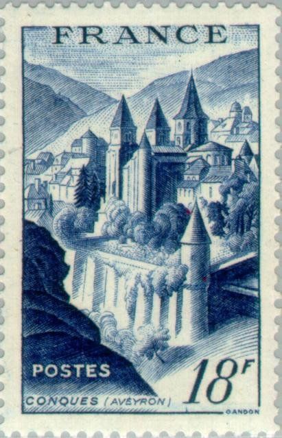 Francobolli-Abbazia di Conques - Aveyron-1948-Francia-18 F Francobolli-Abbazia di Conques - Aveyron-1948-Francia-18 F