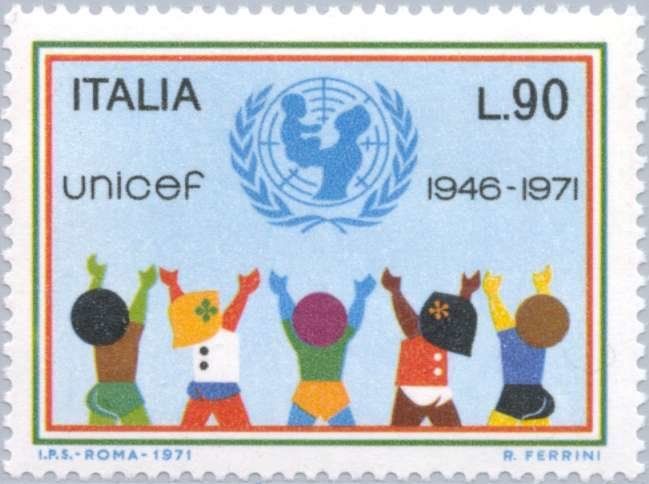 Francobolli-Bambini acclamano l'emblema dell'UNICEF-1971-Italia-90 ₤ Francobolli-Bambini acclamano l'emblema dell'UNICEF-1971-Italia-90 ₤