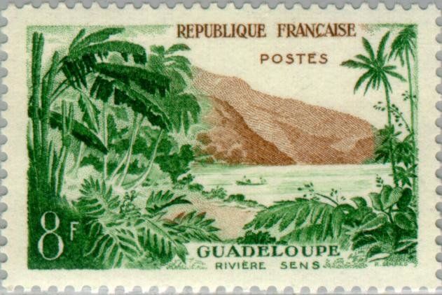 Francobolli-Fiume Sens, Guadalupa-1957-Francia-8 F Francobolli-Fiume Sens, Guadalupa-1957-Francia-8 F